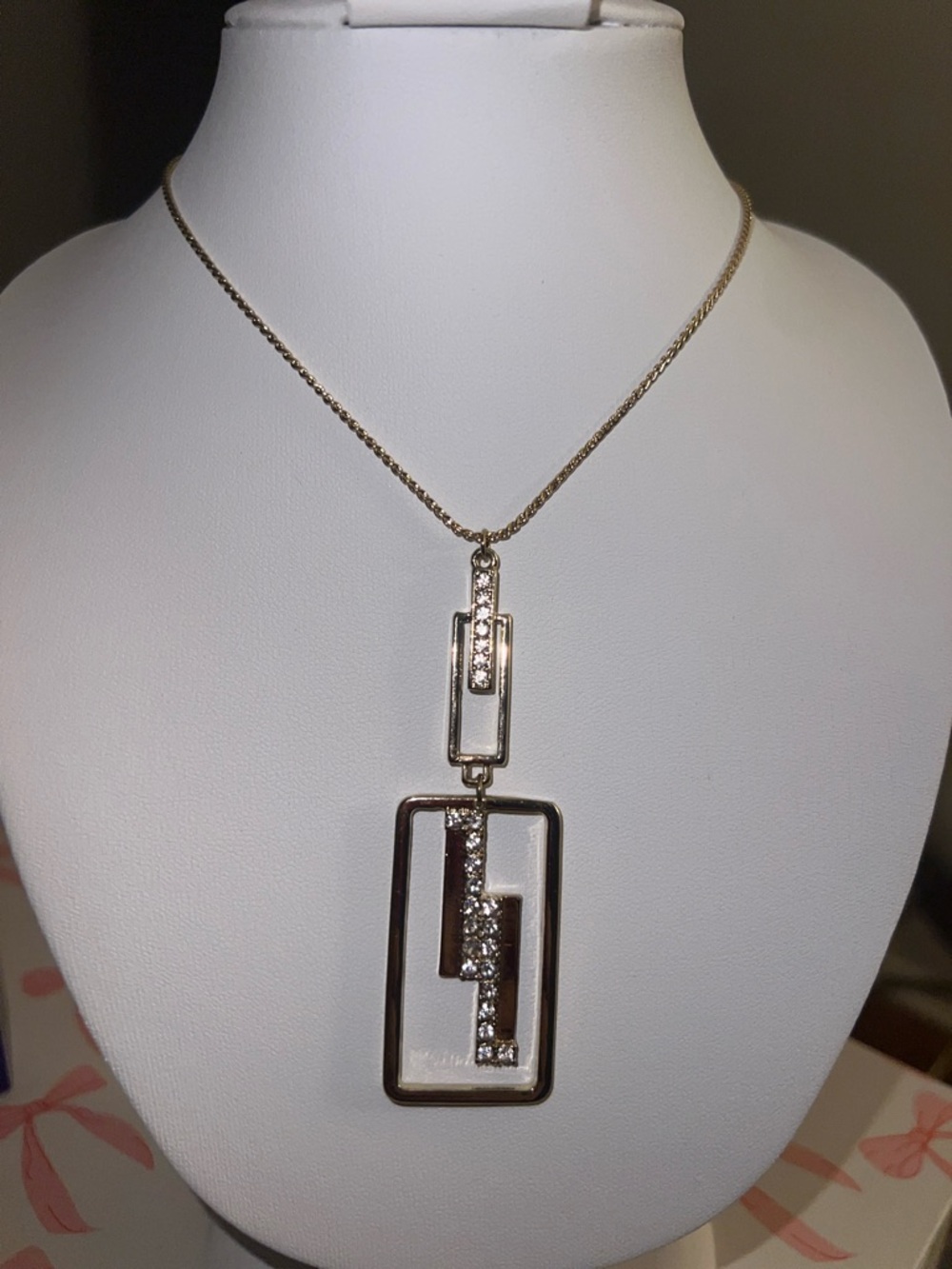 Gold-Tone Geometric Pendant Necklace with Crystal Accents